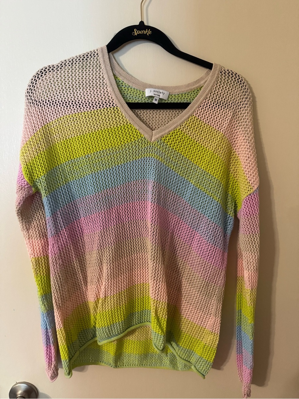 J. Society Pastel Chevron Open-Knit V-Neck Sweater in Pink, Blue, Green, Cream